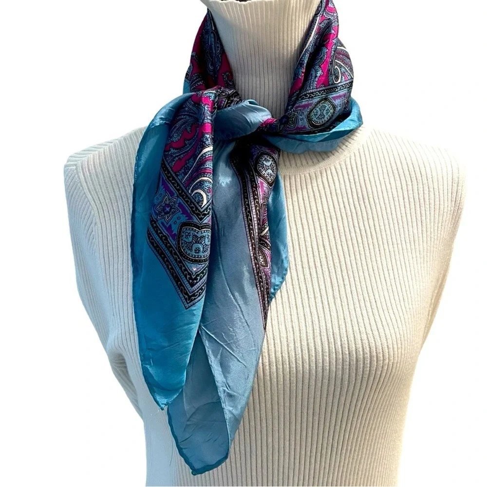Vintage Paisley Square Scarf Womens Magenta Blue Boho Eclectic Classic Retro